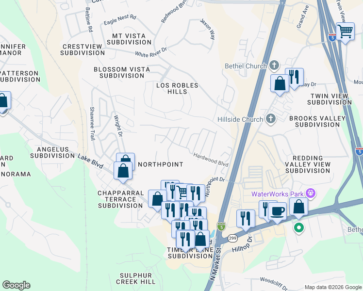 map of restaurants, bars, coffee shops, grocery stores, and more near 301 Sapwood Drive in Redding
