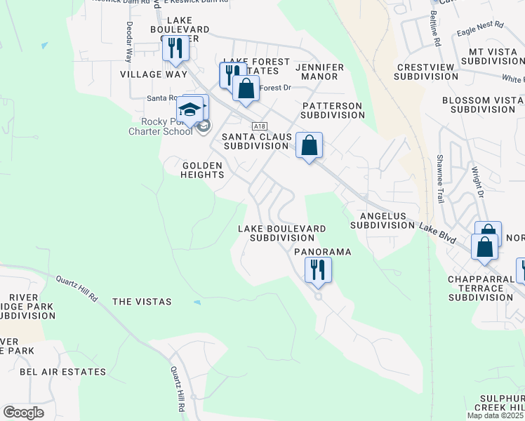 map of restaurants, bars, coffee shops, grocery stores, and more near 3300 Panorama Drive in Redding