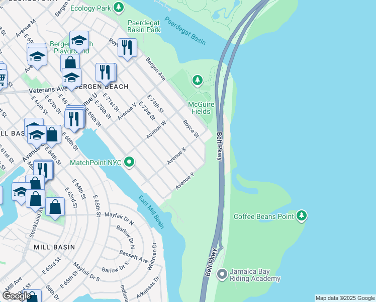 map of restaurants, bars, coffee shops, grocery stores, and more near 7222 Avenue X in Brooklyn