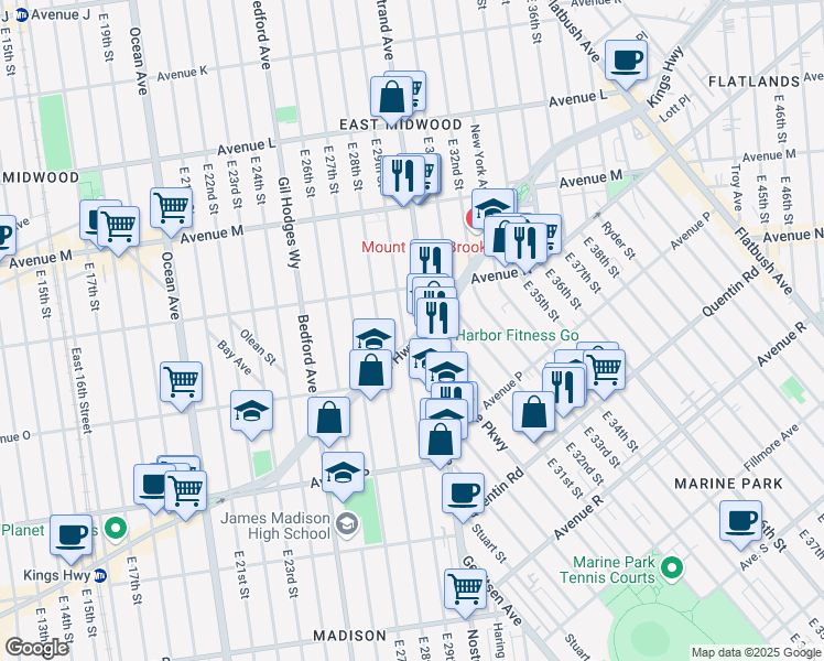 map of restaurants, bars, coffee shops, grocery stores, and more near 2907 Kings Highway in Brooklyn