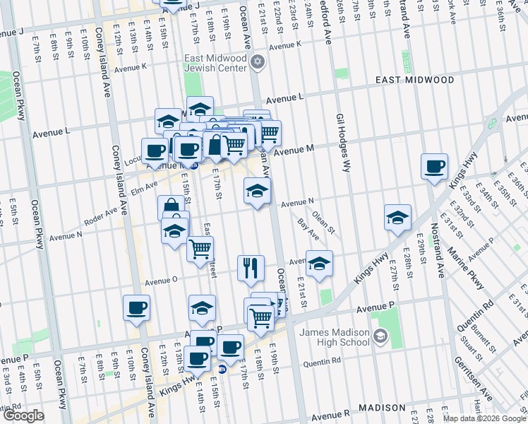 map of restaurants, bars, coffee shops, grocery stores, and more near 1902 Ocean Avenue in Brooklyn