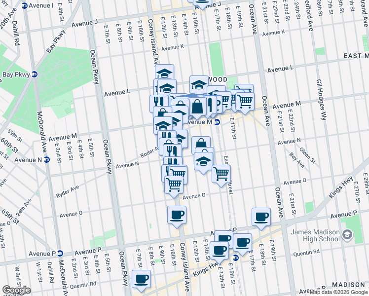 map of restaurants, bars, coffee shops, grocery stores, and more near 1207 Avenue N in Brooklyn