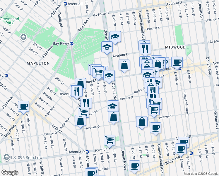 map of restaurants, bars, coffee shops, grocery stores, and more near 1360 Ocean Parkway in Brooklyn