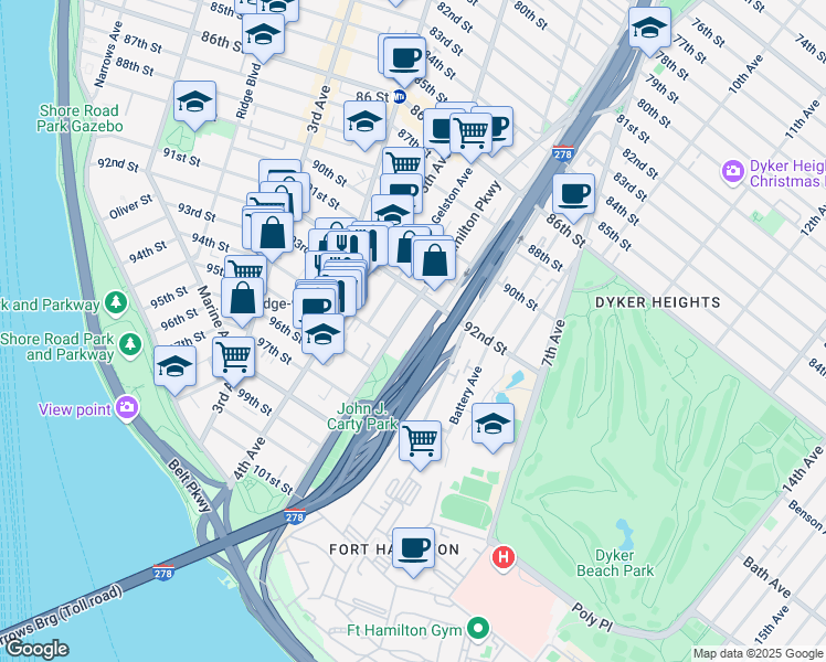 map of restaurants, bars, coffee shops, grocery stores, and more near 9315 Fort Hamilton Parkway in Brooklyn