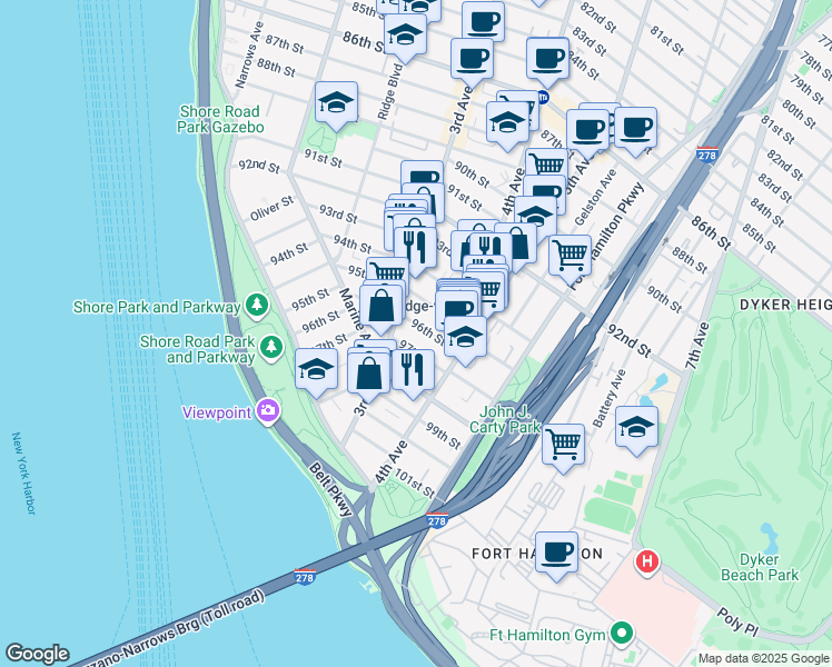 map of restaurants, bars, coffee shops, grocery stores, and more near 358 96th Street in Brooklyn