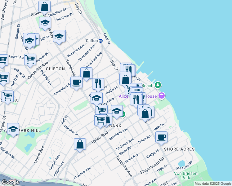 map of restaurants, bars, coffee shops, grocery stores, and more near 67 Saint Marys Avenue in Staten Island