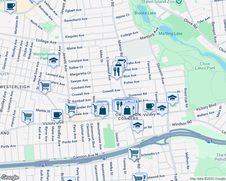 map of restaurants, bars, coffee shops, grocery stores, and more near 11 Raymond Avenue in Staten Island