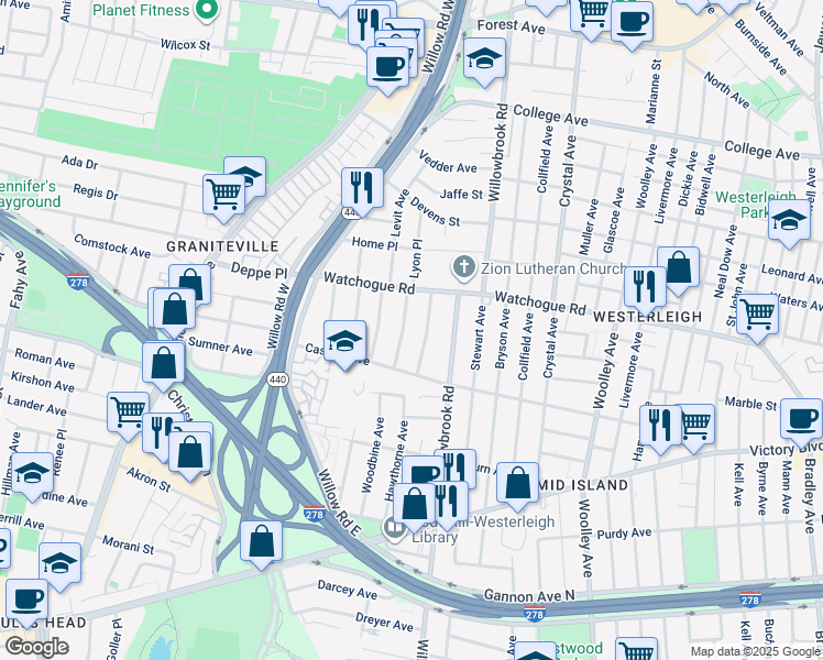 map of restaurants, bars, coffee shops, grocery stores, and more near 159 Woodbine Avenue in Staten Island