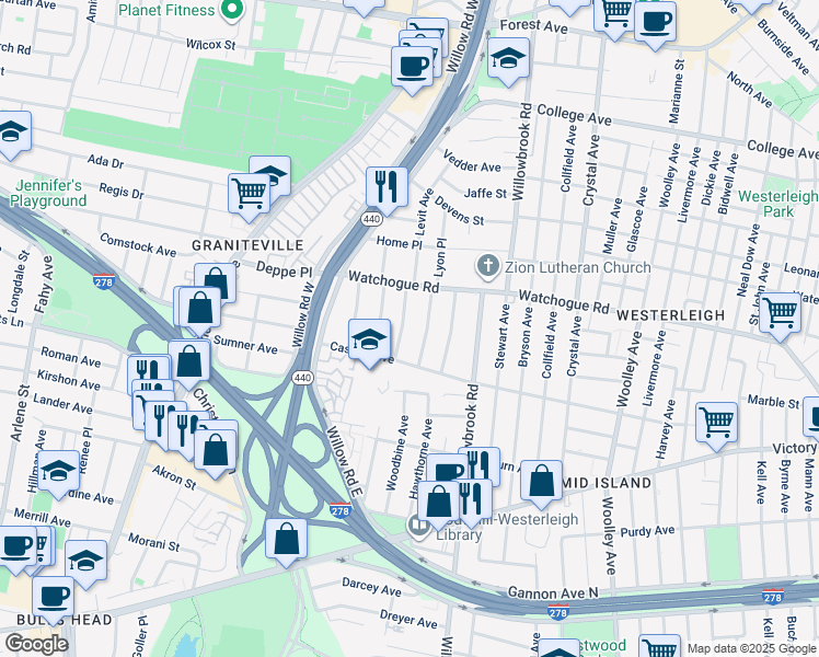 map of restaurants, bars, coffee shops, grocery stores, and more near 68 Cambridge Avenue in Staten Island