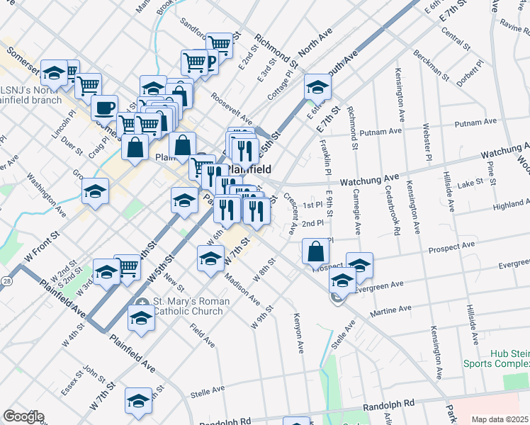 map of restaurants, bars, coffee shops, grocery stores, and more near 114 East 7th Street in Plainfield