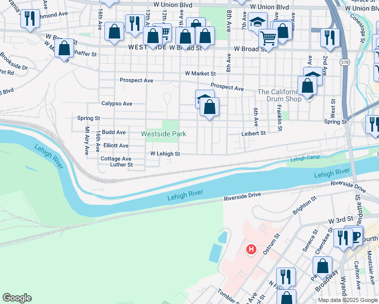 map of restaurants, bars, coffee shops, grocery stores, and more near 1209 West Lehigh Street in Bethlehem