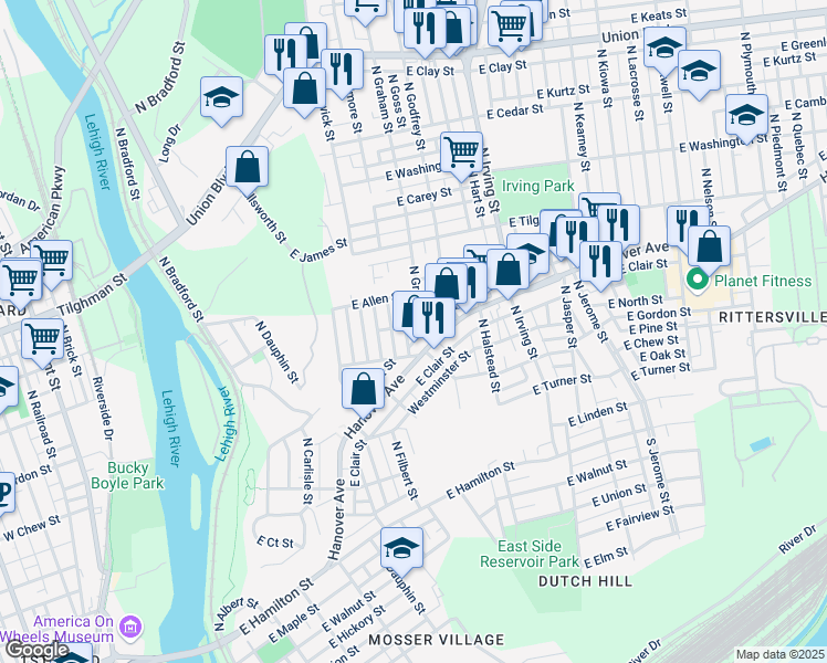 map of restaurants, bars, coffee shops, grocery stores, and more near 701 Hanover Avenue in Allentown