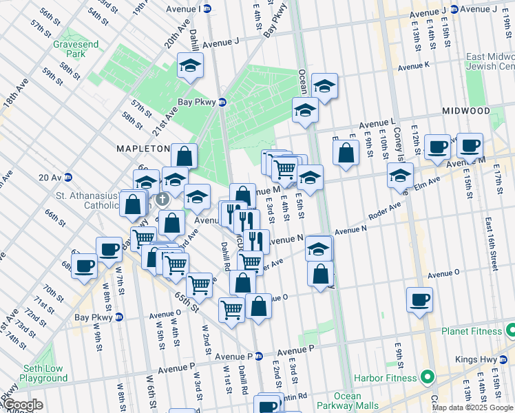 map of restaurants, bars, coffee shops, grocery stores, and more near 1387 East 2nd Street in Brooklyn
