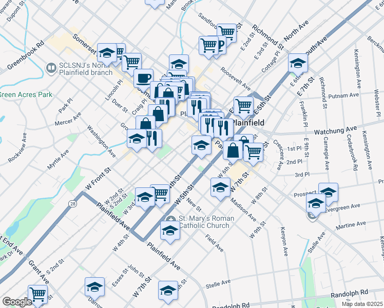 map of restaurants, bars, coffee shops, grocery stores, and more near 311 Madison Avenue in Plainfield