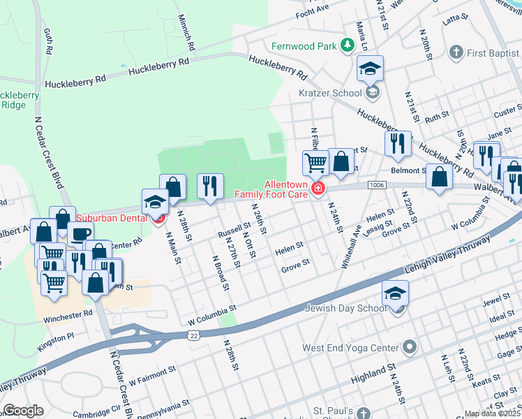 map of restaurants, bars, coffee shops, grocery stores, and more near 1609 North 26th Street in Allentown
