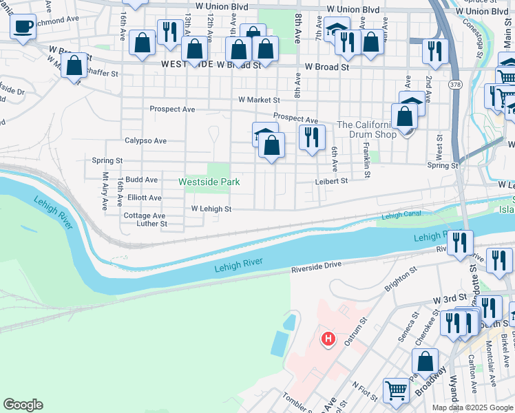 map of restaurants, bars, coffee shops, grocery stores, and more near 1028 West Lehigh Street in Bethlehem