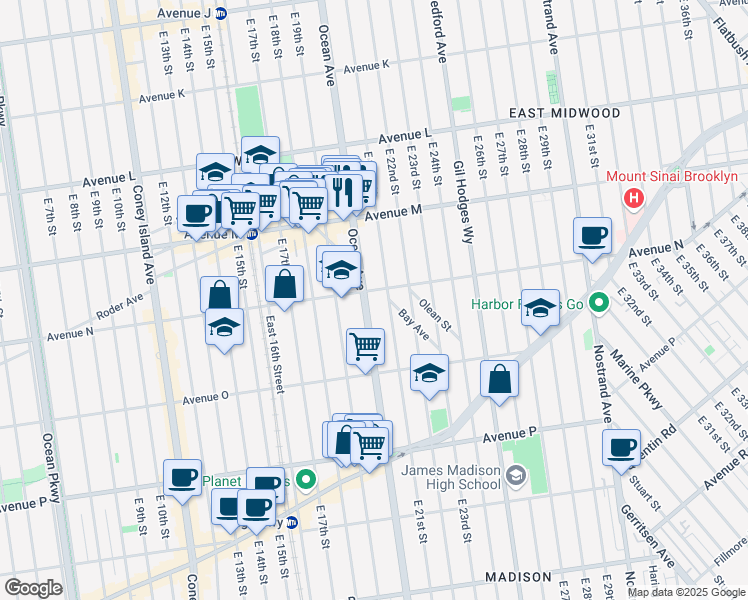 map of restaurants, bars, coffee shops, grocery stores, and more near 1877 Ocean Avenue in Brooklyn