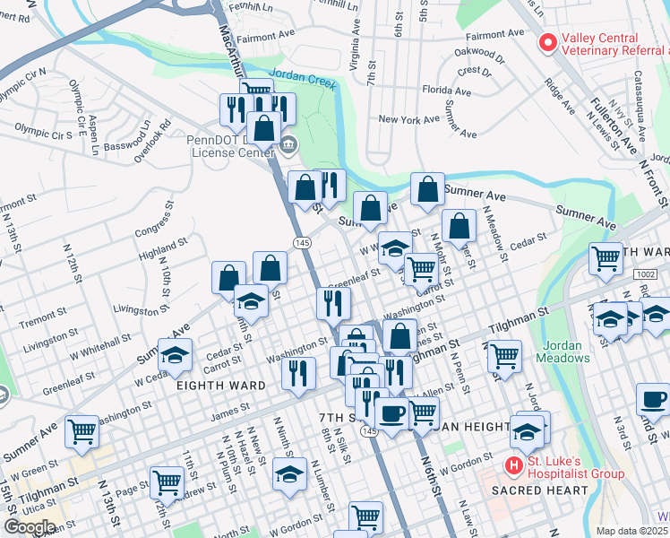 map of restaurants, bars, coffee shops, grocery stores, and more near 631 Greenleaf Street in Allentown
