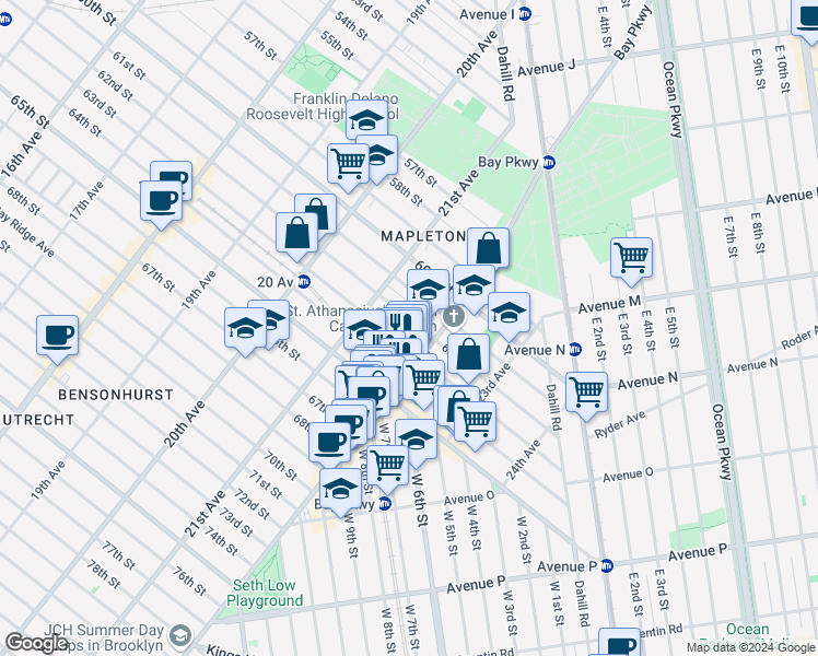 map of restaurants, bars, coffee shops, grocery stores, and more near 2156 62nd Street in Brooklyn