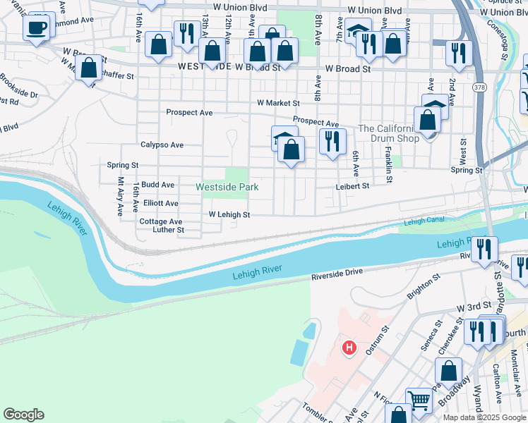 map of restaurants, bars, coffee shops, grocery stores, and more near 1209 West Lehigh Street in Bethlehem