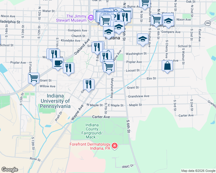 map of restaurants, bars, coffee shops, grocery stores, and more near 510 South 7th Street in Indiana