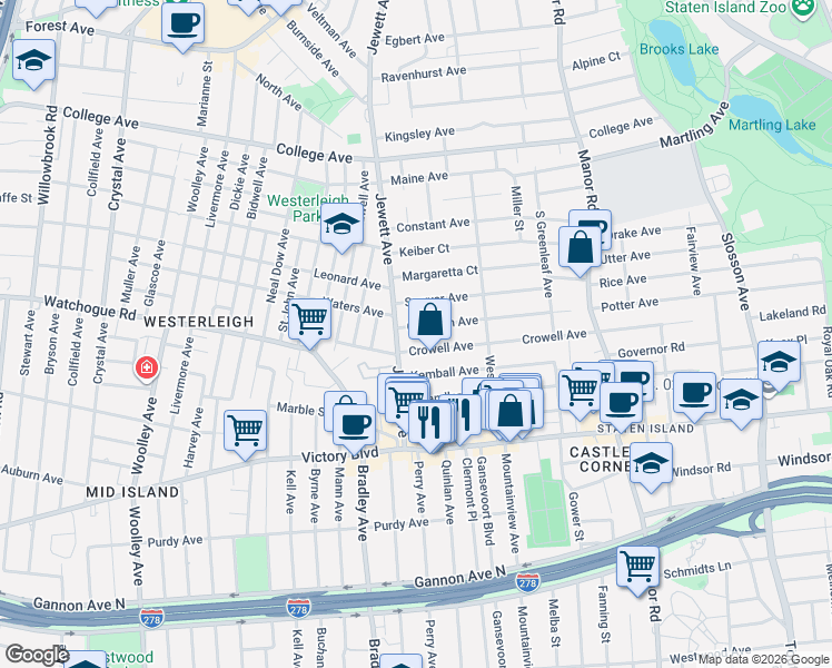 map of restaurants, bars, coffee shops, grocery stores, and more near 185 Crowell Avenue in Staten Island