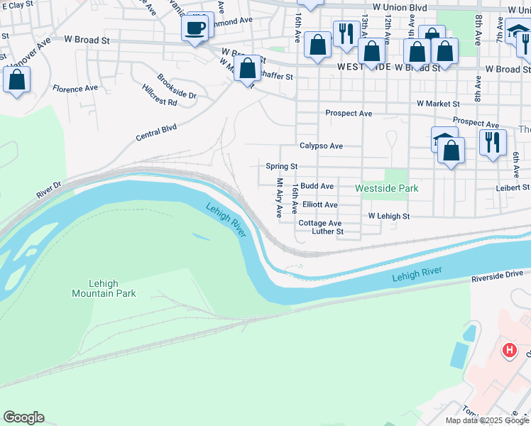 map of restaurants, bars, coffee shops, grocery stores, and more near 1801 Elliott Avenue in Bethlehem