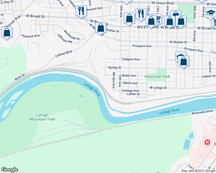 map of restaurants, bars, coffee shops, grocery stores, and more near 1801 Elliott Avenue in Bethlehem