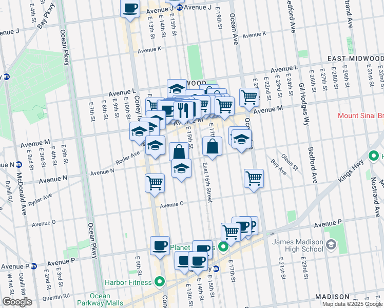 map of restaurants, bars, coffee shops, grocery stores, and more near 1384 East 15th Street in Brooklyn