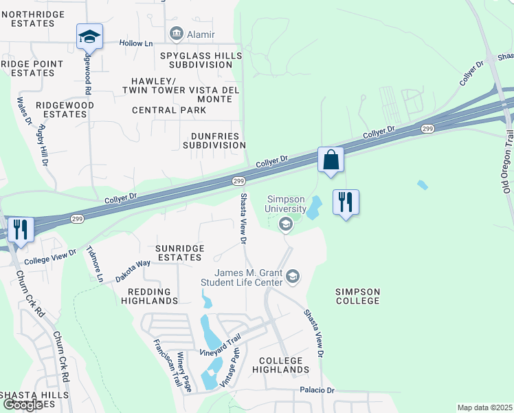 map of restaurants, bars, coffee shops, grocery stores, and more near 2001 College View Drive in Redding