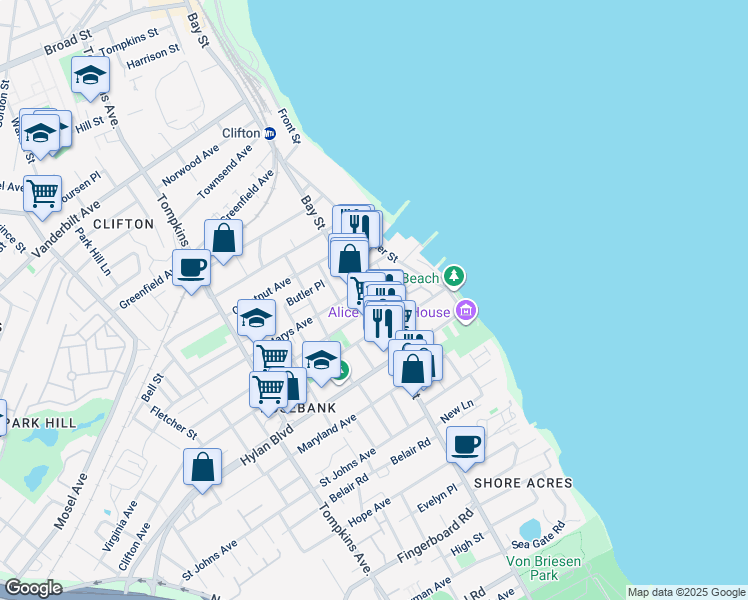 map of restaurants, bars, coffee shops, grocery stores, and more near 1119 Bay Street in Staten Island
