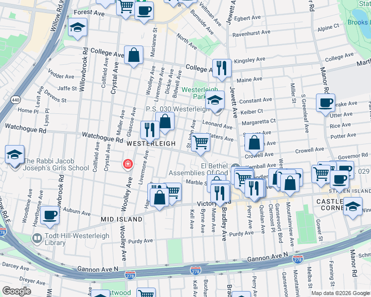 map of restaurants, bars, coffee shops, grocery stores, and more near 196 Watchogue Road in Staten Island