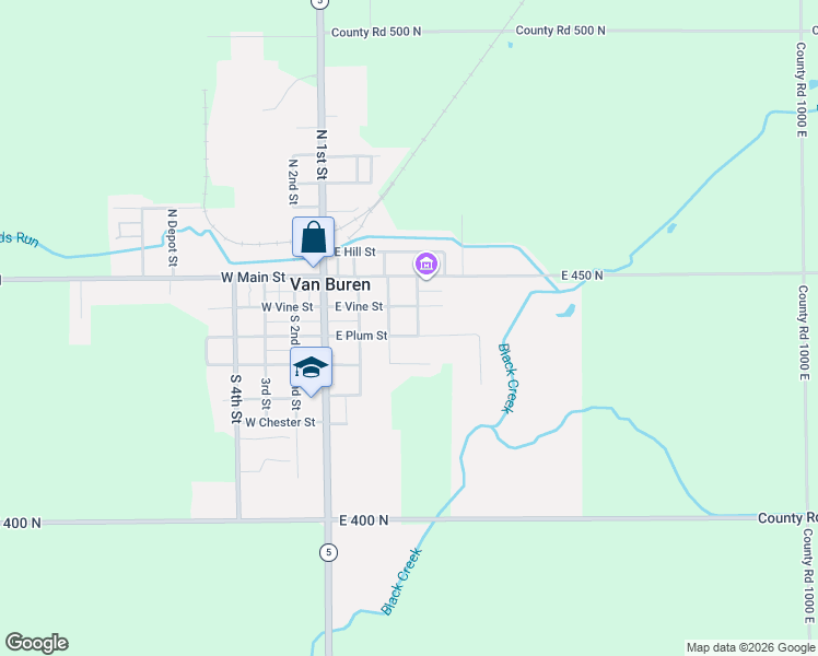 map of restaurants, bars, coffee shops, grocery stores, and more near 200-298 East Plum Street in Van Buren