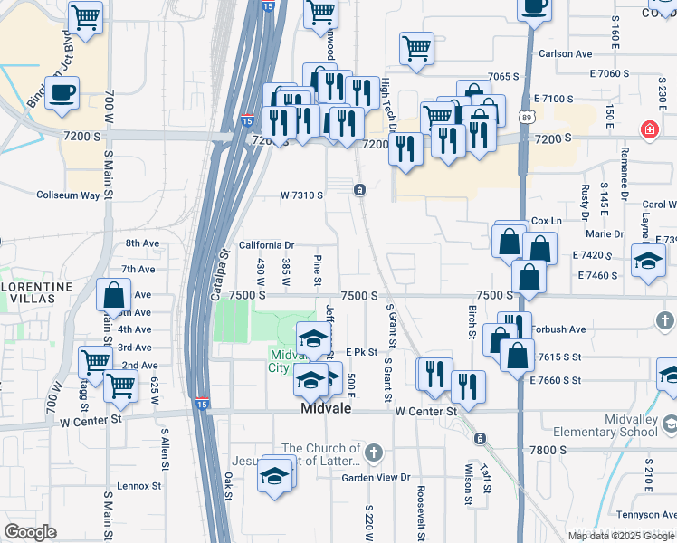 map of restaurants, bars, coffee shops, grocery stores, and more near 280 West in Midvale
