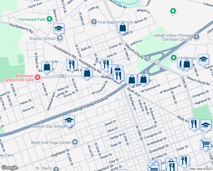 map of restaurants, bars, coffee shops, grocery stores, and more near 1972 Grove Street in Allentown