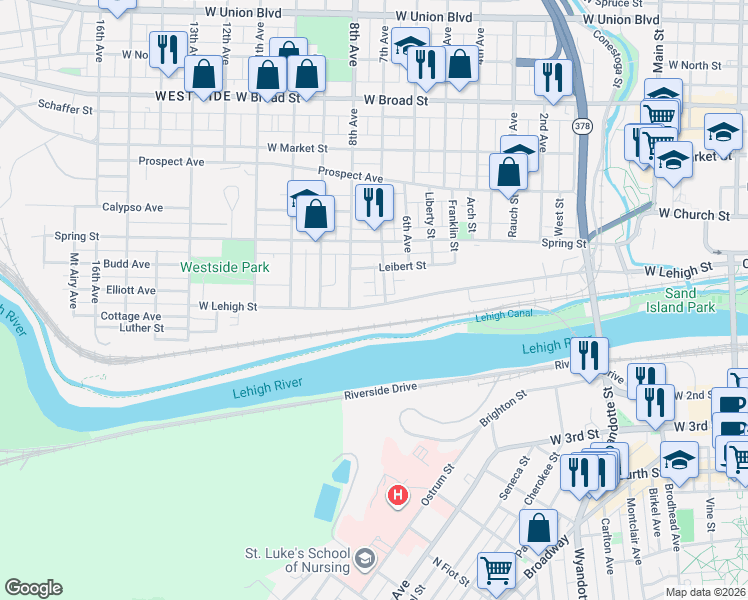 map of restaurants, bars, coffee shops, grocery stores, and more near 819 West Lehigh Street in Bethlehem