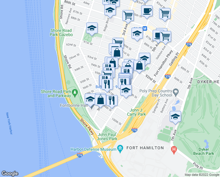 map of restaurants, bars, coffee shops, grocery stores, and more near 9701 3rd Avenue in Brooklyn