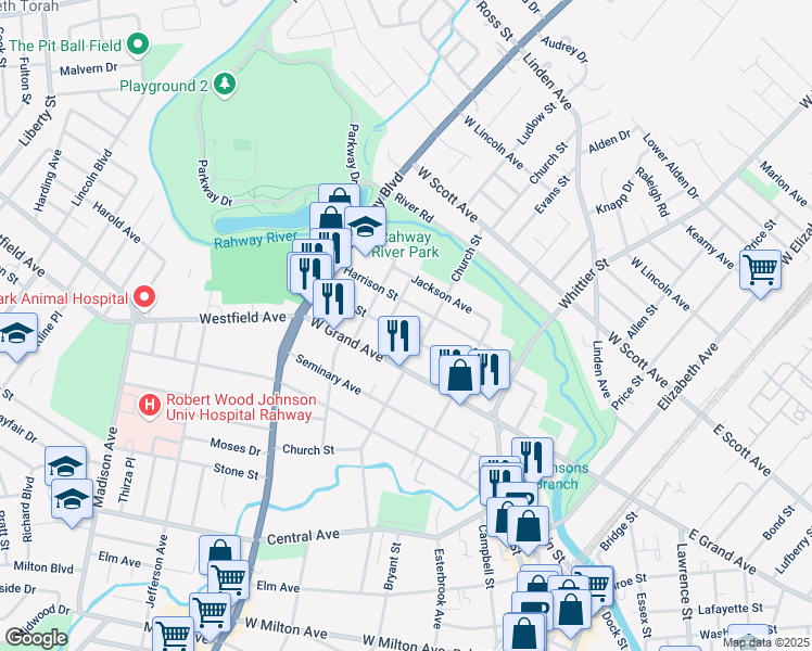map of restaurants, bars, coffee shops, grocery stores, and more near 630 Union Street in Rahway