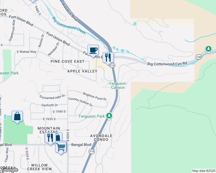 map of restaurants, bars, coffee shops, grocery stores, and more near 7430 Wasatch Boulevard East in Cottonwood Heights