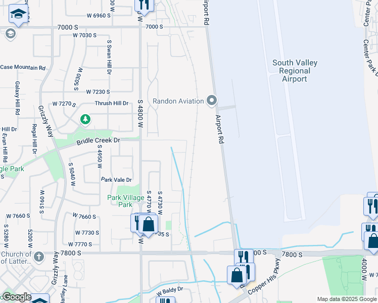map of restaurants, bars, coffee shops, grocery stores, and more near 7466 Wood Farms Drive in West Jordan