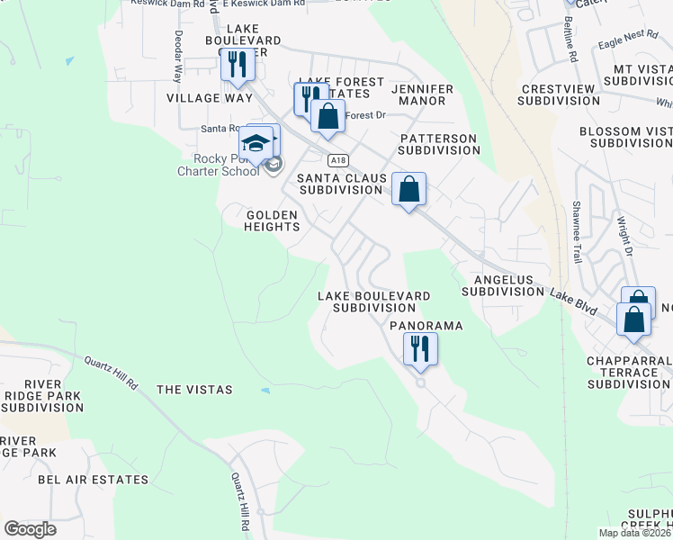 map of restaurants, bars, coffee shops, grocery stores, and more near 3300 Panorama Drive in Redding