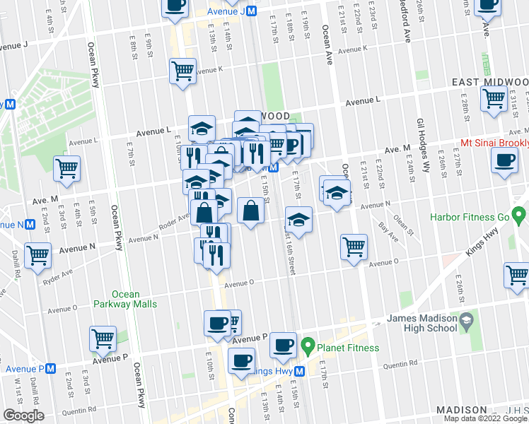 map of restaurants, bars, coffee shops, grocery stores, and more near 1408 Avenue O in Brooklyn