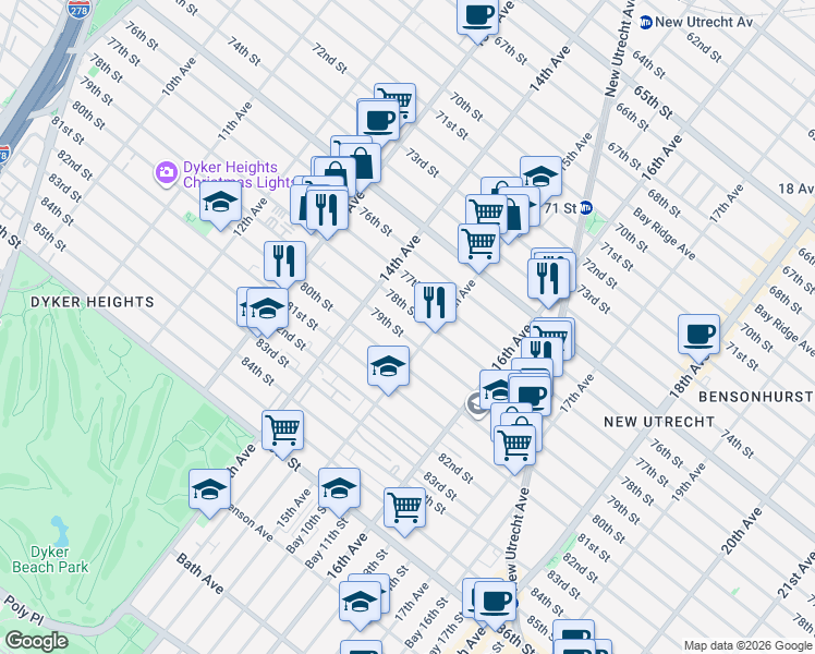 map of restaurants, bars, coffee shops, grocery stores, and more near 7824 15th Avenue in Brooklyn
