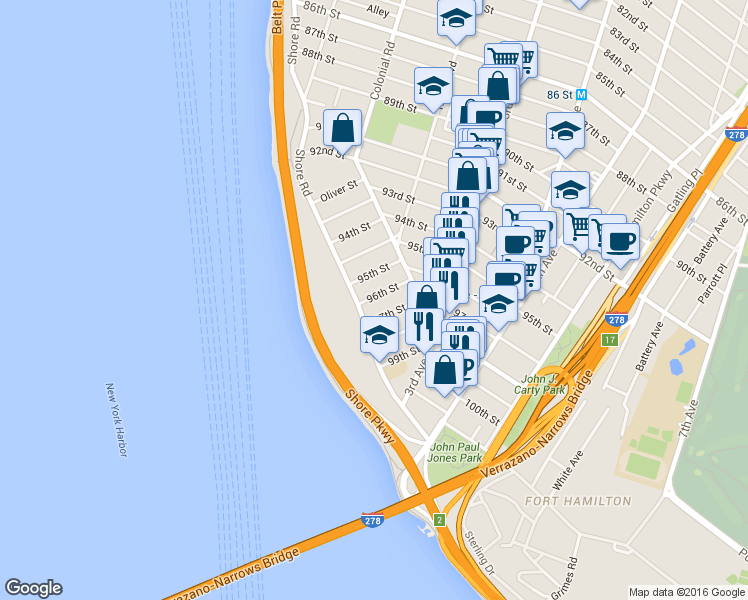 map of restaurants, bars, coffee shops, grocery stores, and more near 123A 97th Street in Brooklyn