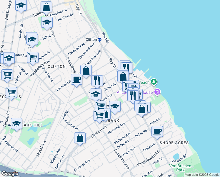 map of restaurants, bars, coffee shops, grocery stores, and more near 67 Saint Marys Avenue in Staten Island