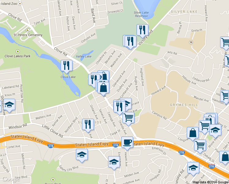 map of restaurants, bars, coffee shops, grocery stores, and more near 146 Dudley Avenue in Staten Island