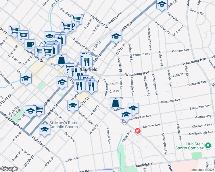map of restaurants, bars, coffee shops, grocery stores, and more near 129 Crescent Avenue in Plainfield