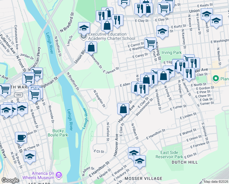 map of restaurants, bars, coffee shops, grocery stores, and more near 425 North Filbert Street in Allentown