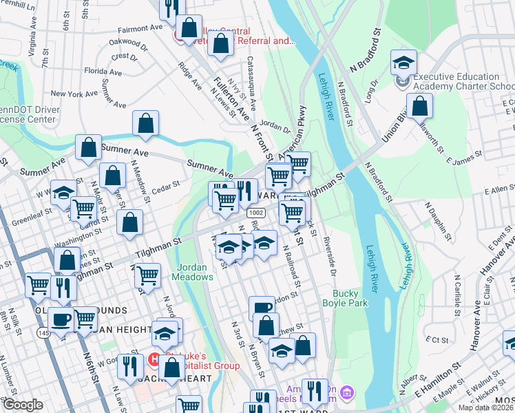 map of restaurants, bars, coffee shops, grocery stores, and more near 643 Ridge Avenue in Allentown