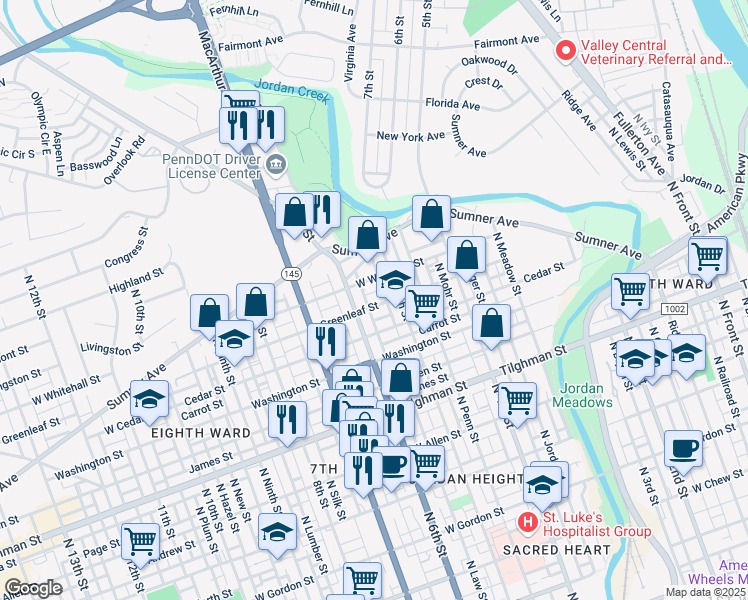 map of restaurants, bars, coffee shops, grocery stores, and more near 849 North 6th Street in Allentown